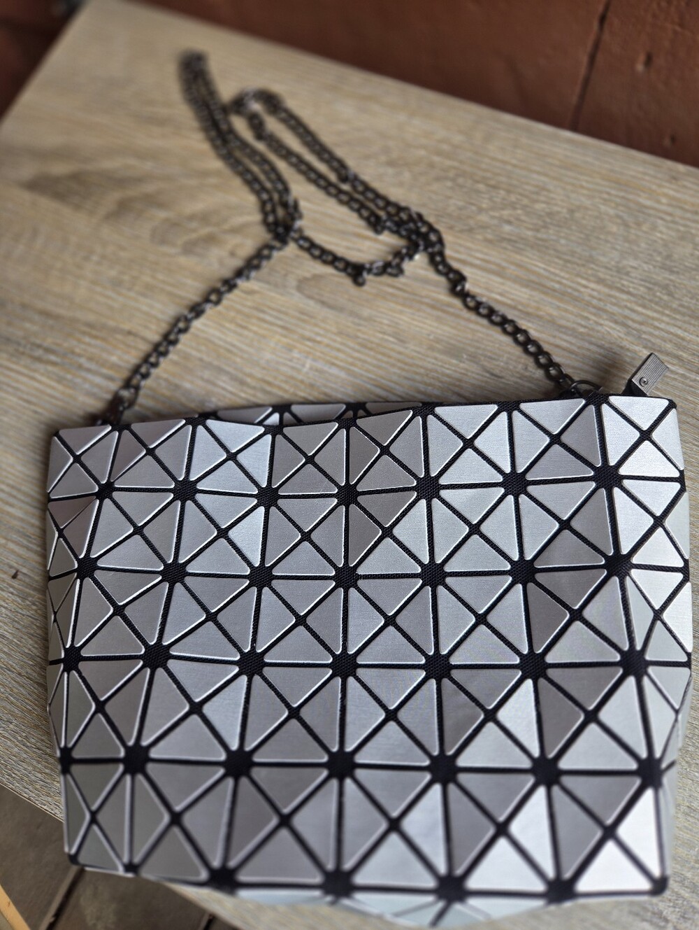 BAO BAO Issey Miyake Bag Silver Geometric Design Long Chain